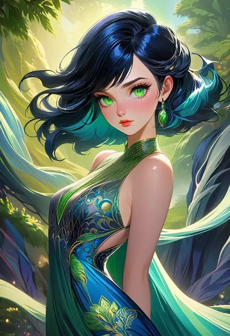 a beautiful malw with long flowing blue hair and short black hair, intricate hairstyle, detailed facial features, gorgeous green...