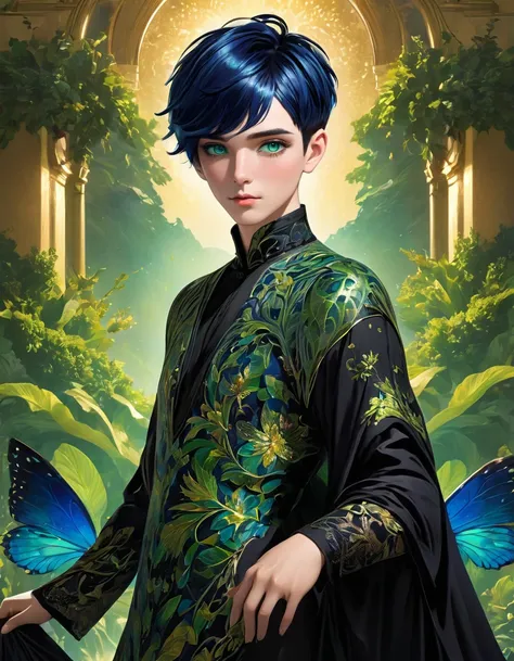 a beautiful male with short flowing blue hair and short black hair, intricate hairstyle, detailed facial features, gorgeous gree...