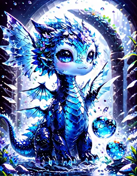 absurdres, highres, ultra detailed, hdr, master piece, light blue dragon, cute, best quality, blue moon, flowers, fantasy, magic...