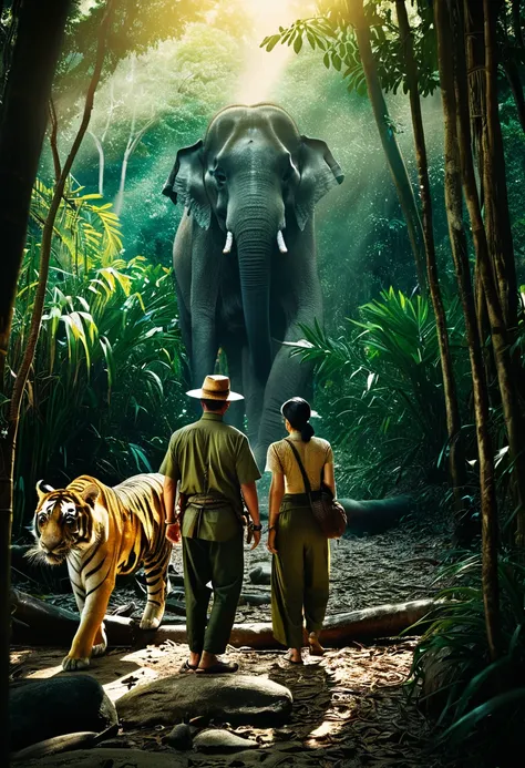 /imagine prompt: "Phet Phra Uma movie poster , dense jungle background, Thai couple hunters in hat dramatic lighting , wild animals like tigers and elephants, mystical elements , treasure artifacts , adventure and mystery vibe" --v 5 --ar 2:3 --style cinem...