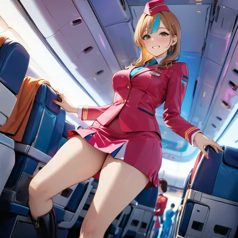 masterpiece,best quality,ultra detailed,8K,super fine illustration,highly detailed beautiful face and eyes,perfect anatomy,professional lighting,1 flight attendant,microskirt and boots uniform,orange and pink dress,smile,airplane interior,dynamic angle,dep...