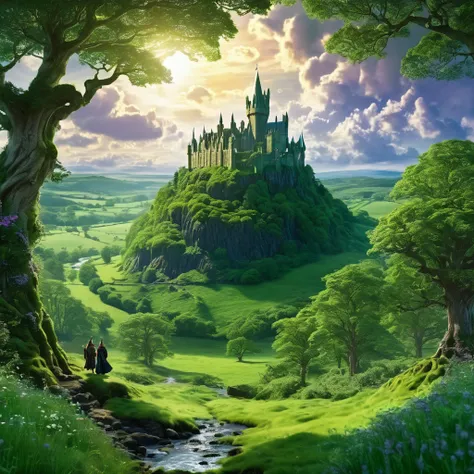 kingdom of magic inspired by scotland and london, surrounded by large forests and green fields, wizards, celtic mythology.