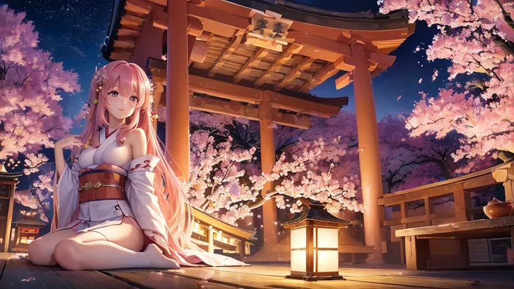 ((high resolution, pink hair, long hair, shrine maiden)) ((mystical, cherry blossoms, butterfly, night, Japanese style, shoulder, shining aura)) (prayer, dance), moon, stars, spring