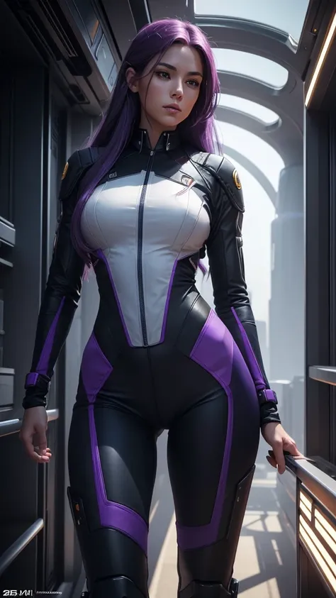 A beautiful 25-year-old woman with long, flowing purple hair, wearing a sleek and form-fitting spaceship captains uniform, standing confidently on the bridge of her futuristic spacecraft, her lithe and athletic body exuding strength and grace, (best qualit...