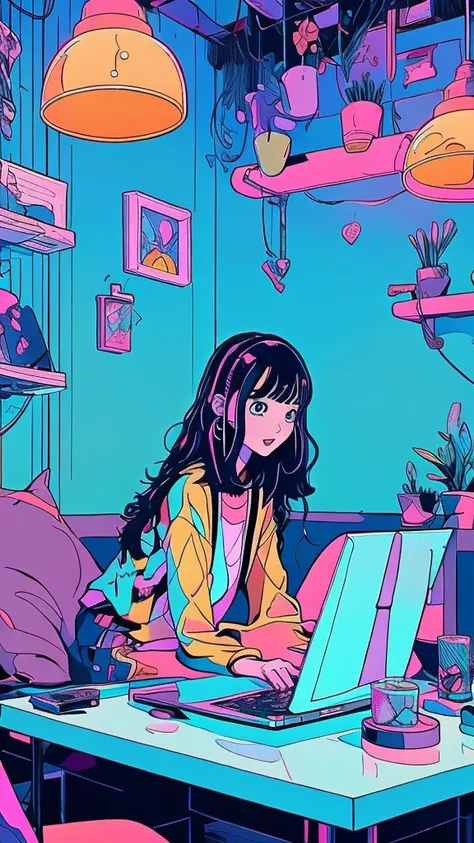 
cartoon girl sitting at a desk with a laptop computer, cartoon style illustration, digital anime illustration, in the art style of bowater, in style of digital illustration, illustration style, beautiful illustration, cute detailed digital art, beautiful ...