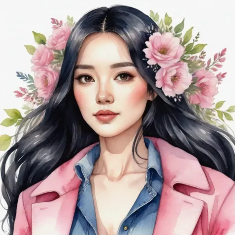 A watercolor illustration, kawaii illustration, chibi .Anime STYLE, of a beautiful woman with LONG STRAIGHT black hair standing against a light background, she is holding a bouquet of flowers, The woman is 25 years old, she is wearing a long PINK coat , WH...