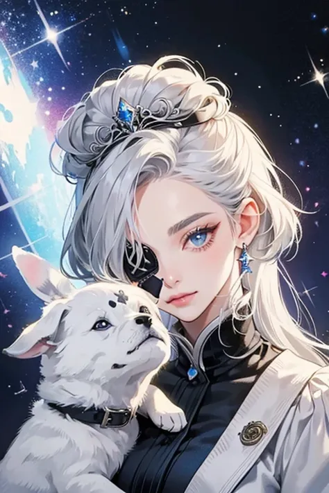 Doggie is a grey and white  with an eye patch and hair the same way Stardust Queen has her hair. She also has blue eyes and a grey and white face. SPARKLE; GLITTER