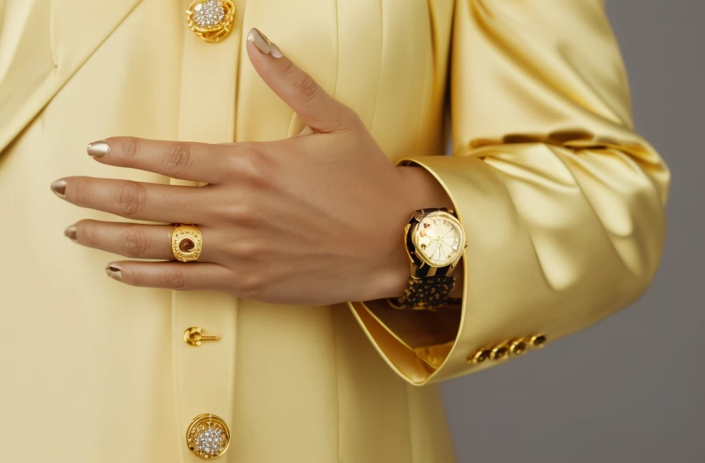 Araffe wearing a gold suit and a gold ring, holding gold watch, using a watch, photo of a hand jewelry model, golden accessories, gold watch, wear a watch, wearing presidential band, gold and luxury materials, gold jewelry, gold accents, cartier style, gol...