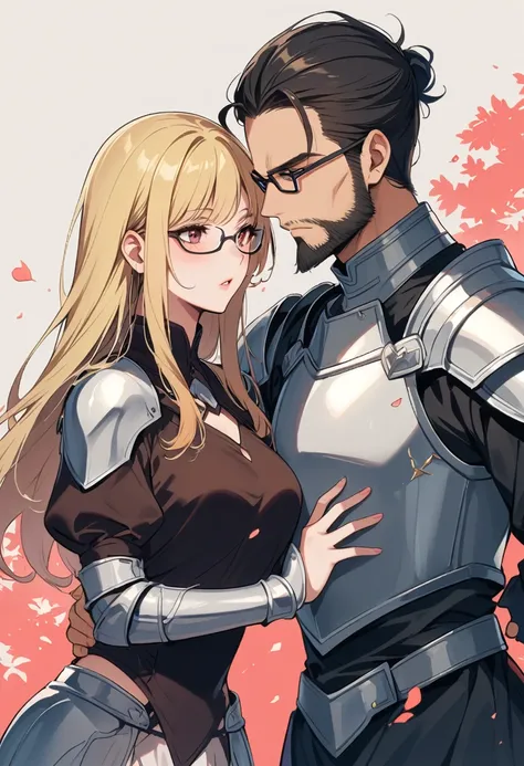 A short blonde haired witch woman, thin rimmed glasses with her lover, a knight with dark hair and beard wearing silver knights armor