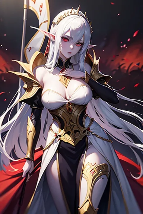 A tall, elegant elven woman with pale skin, very long ears, and striking red eyes, wearing a crown and intricate Japanese-style armor, holding a lance and standing proudly with a flag in her hand,extremely detailed eyes and face,longeyelashes,highly detail...