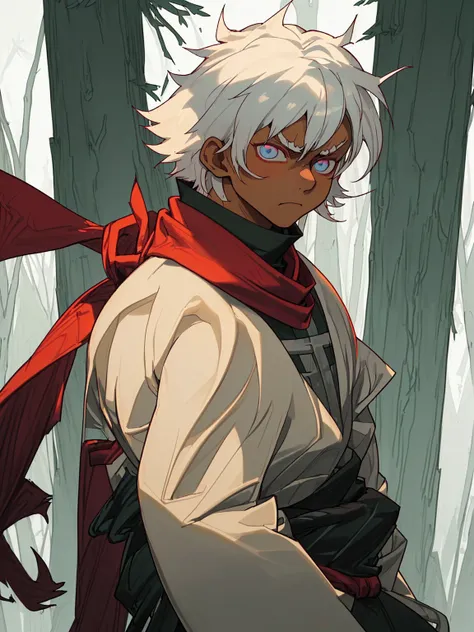 ((masterpiece,best quality,1boy,male focus,masculine,solo,closed mouth,teenager,muscle,muscular)),((((white hair,short messy hair)))),((pale blue eyes,perfect eyes,glowing eyes,perfect face,serious demeanor)),(((dark skin color,standing still,caramel skin ...