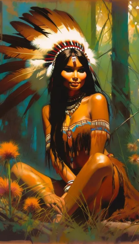 American Indian girl, Indian costume in brown tones, very sexy, feathers, sitting  happy observing some flowers, in a very beautiful closed forest, sexy, erotic (art inspired by Bill Sienkiewicz). oil painting) 