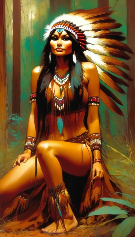 American Indian girl, Indian costume in brown tones, very sexy, feathers, sitting  happy observing some flowers, in a very beautiful closed forest, sexy, erotic (art inspired by Bill Sienkiewicz). oil painting) 