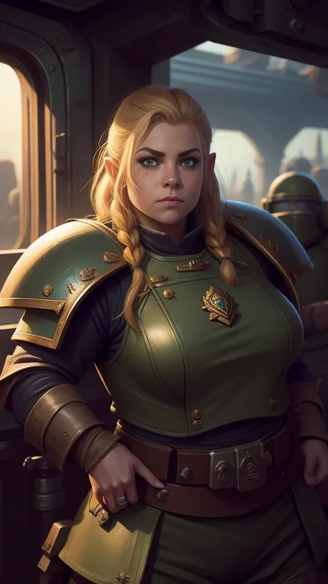 (high-angle shot), warhammer 40k imperial guardsman, ((female dwarf)). blonde hair, bare hand, hobbit, hafling, pants, (green bu...