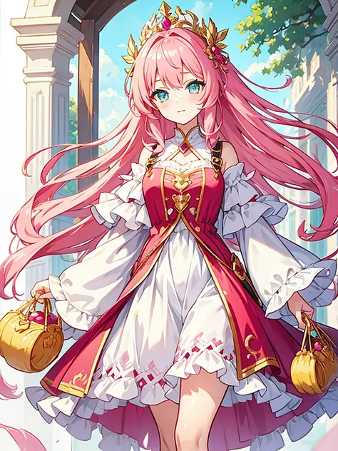 fantasy world girl with colorful hair, accessories, detailed clothes, pink hair, white and red clothes 