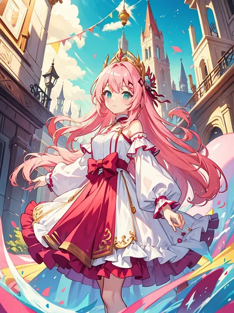 fantasy world girl with colorful hair, accessories, detailed clothes, pink hair, white and red clothes 