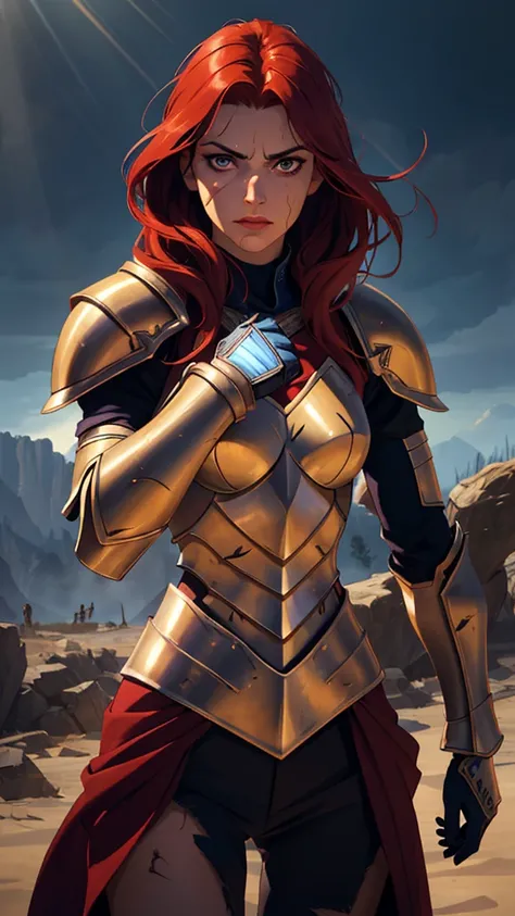 ((((masterpiece, best quality, high resolution)))), Extremely detailed 8K, 1 female, wearing a warrior type of armor, (Ultra HD, Ultra-detailed, Highly detailed, Highly realistic, Ultra-realistic, photograph realistic), (1girl:1.5), (Realistic red hair), (...