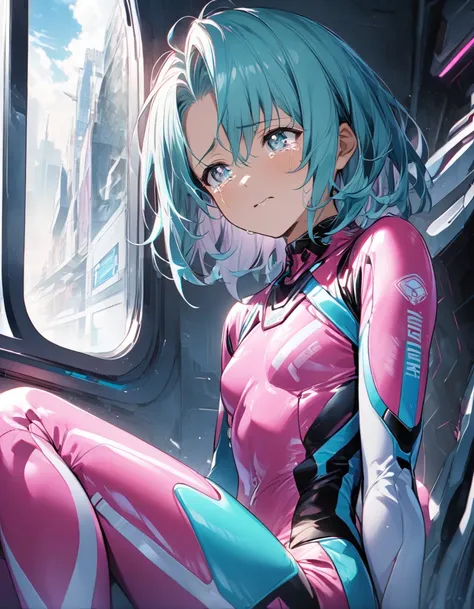 Anime version of an aoba man sitting looking at the window with tears in his eyes, turquoise hair, futuristic sports pink clothing, detailed,8d 