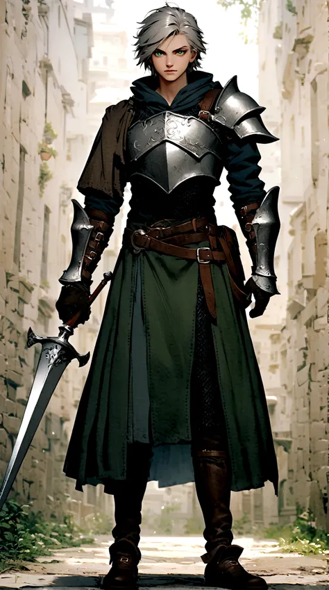 Male, silver short hair, green eyes, Male duelist, crop chestplate, black chainmail, full body view, light armor, dark souls style, weathered clothing, Rapier duelist, one shoulder guard, black chainmail, leather armor, leather straps, DND style, dark soul...