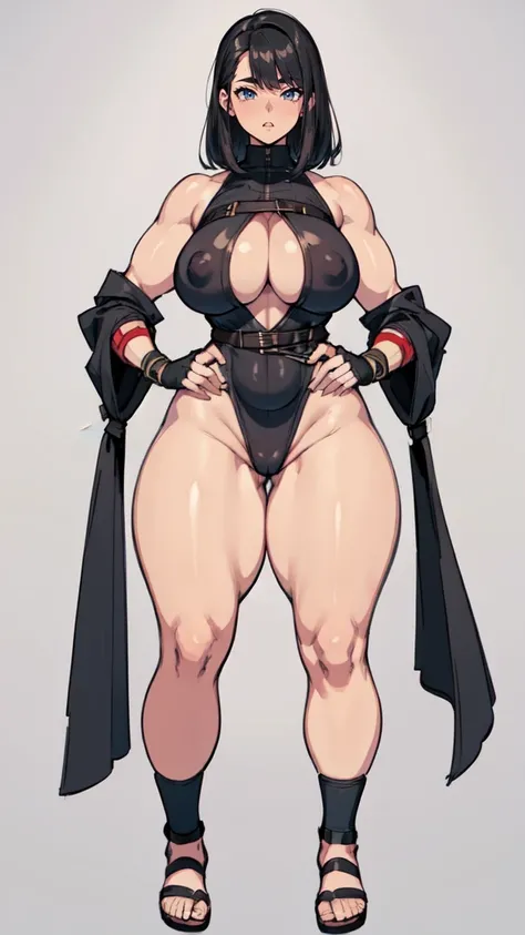 (masterpiece), best quality, female warrior, huge girl, female muscular:1.2, (curvy), ((thick thighs:1.5)), (((blank background))), ((full body)), fingerless gloves, sandals, sleeveless, covered nipples, (underboobs:1.3), thin hair, straight hair, black ha...