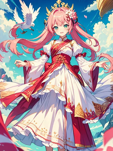 fantasy world girl with colorful hair, accessories, detailed clothes, pink hair, white and red clothes 