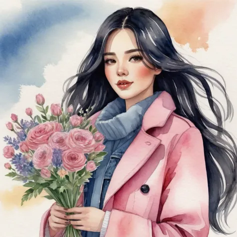 A watercolor illustration, kawaii illustration, chibi .Anime STYLE, of a beautiful woman with LONG STRAIGHT black hair standing against a light background, she is holding a bouquet of flowers, The woman is 25 years old, she is wearing a long PINK coat , WH...