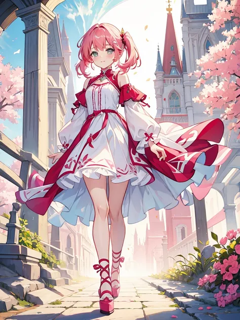 fantasy world girl with colorful hair, accessories, detailed clothes, pink hair, white and red clothes, short dress