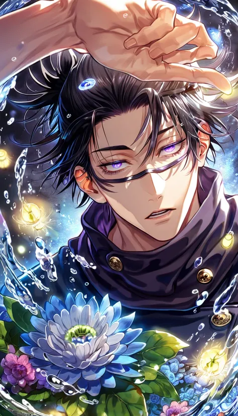 absurdres, highres, ultra detailed, HDR, master piece, Choso, black hair, expressive purple eyes, black scarf, black shirt, Jujutsu Kaisen, man, handsome, best quality, blue moon, flowers, fantasy, magical, solo, water, blue shining fireflies, blue petals,...