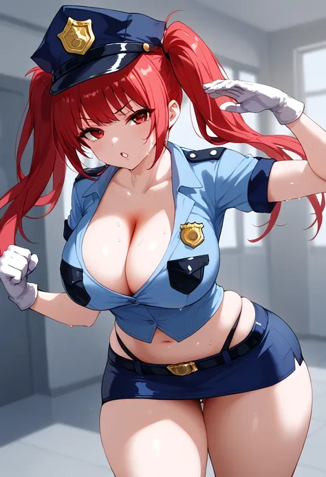 twintails, red eyes, micro pencil skirt, police shirt, cleavage, breasts, sweating, thighs,thicc, curvy body, white gloves, poli...