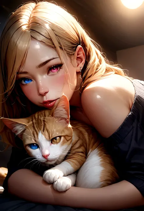 Best Quality, Masterpiece, ultra high resolution, (photorealistic: 1.4), photo and gross, 3 girl, off the shoulder, cinematic lighting, kissing positions, heterochromia,cats ear , Cat&#39;s tail 