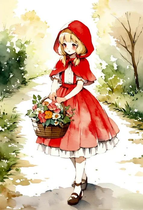 vintage watercolor drawing, little red riding hood blonde, holding a basket of flowers and sweets, on the road we have flowers