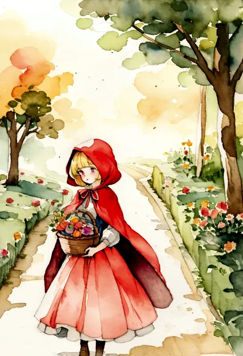 vintage watercolor drawing, little red riding hood blonde, holding a basket of flowers and sweets, on the road we have flowers