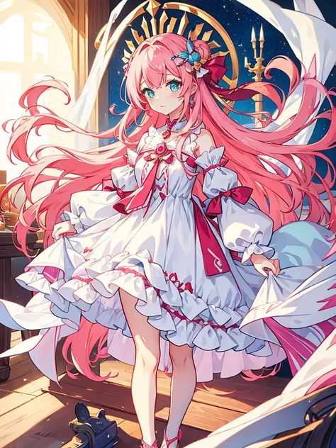 fantasy world girl with colorful hair, accessories, detailed clothes, pink hair, white and red clothes, short dress