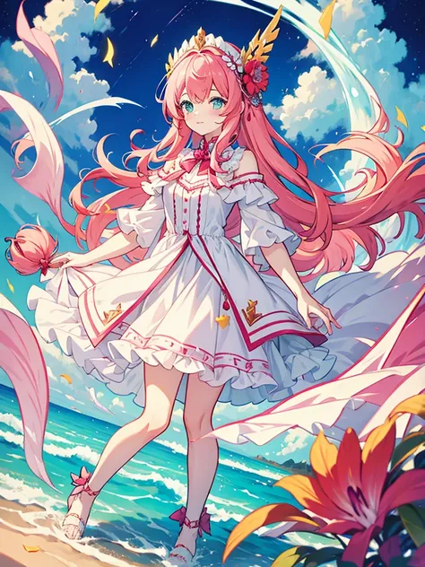 fantasy world girl with colorful hair, accessories, detailed clothes, pink hair, white and red clothes, short dress