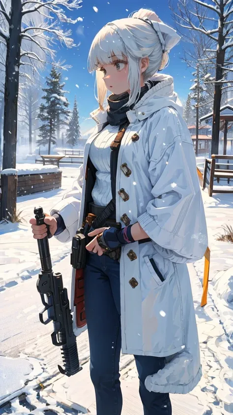 Woman with gun in hand standing in snow, from Girls&#39; Frontline, Girls&#39; Frontline style, from Arknights, Fine details. Girls&#39; Frontline, Gray-haired, Girls&#39; Frontline cg, Girls&#39; Frontline universe, A profound winter aesthetic, Gray-haire...