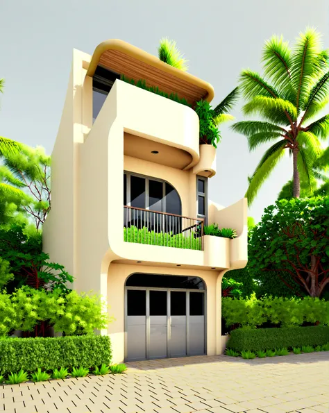 a rendering of a modern house with a balcony and balcony, detailed rendering, all white render, inter dimensional villa, high quality rendering, fully detailed render, pre-rendered, exterior design, architectural rendering, mid-view, highly detailed render...