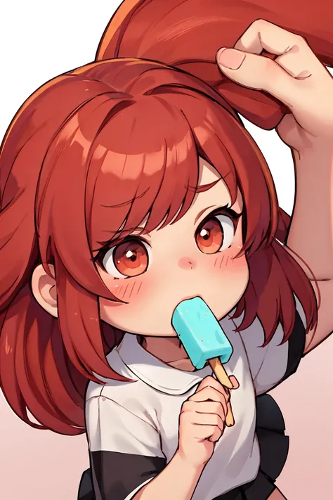 Chibi girl eating a popsicle, red hair and with a white shirt and black skirt and blushing 