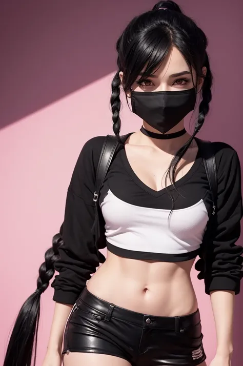 I want a white female Fre Fire character with black hair tied up, eyes browns, with black mask, cropped rosa forte, black shorts pink pink background image