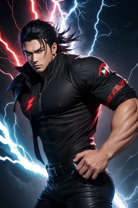 Anime version character with pointy white head, with a big black ass the red eye with lightning, a black shirt with the background written MORENO FF