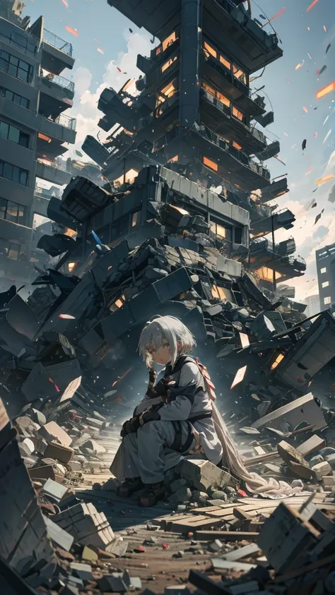 anime, A woman with long grey hair sitting on a pile of rubble, from Girls&#39; Frontline, from Arknights, White Hair Girl, anime style like fate/Stay Night, Fine details. Girls&#39; Frontline, Girls&#39; Frontline style, Girls&#39; Frontline cg, Girls&#39...