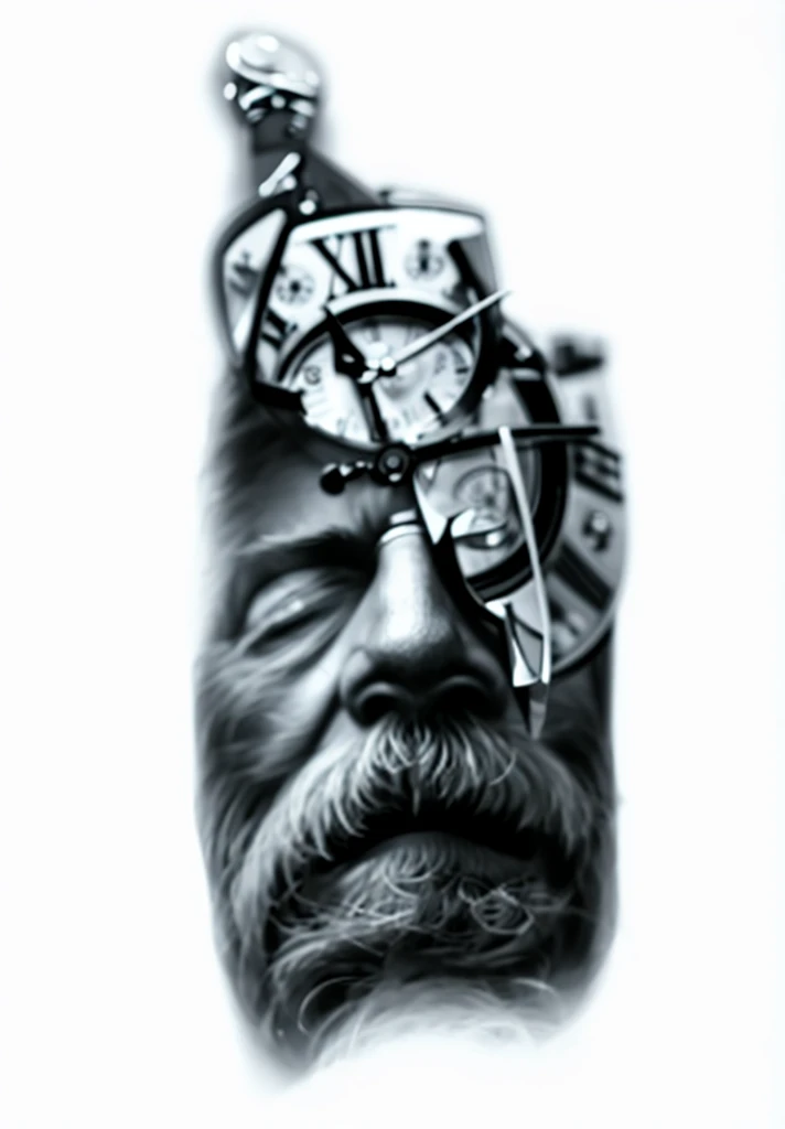 face of an old man, de olhos fechados, beard with defined strands with a watch broken into pieces over one eye, 8k, high definit...