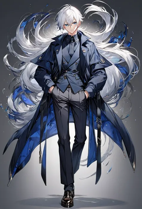 Anime, male, white hair, dark blue coat, dark grey pants, serious, highest quality, good quality face, best quality eyes, full body pose