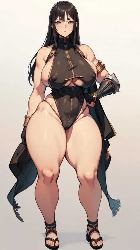 (masterpiece), best quality, female warrior, huge girl, female muscular:1.2, (curvy), ((thick thighs:1.5)), (((blank background))), ((full body)), fingerless gloves, sandals, sleeveless, covered nipples, (underboobs:1.3), thin hair, straight hair, black ha...