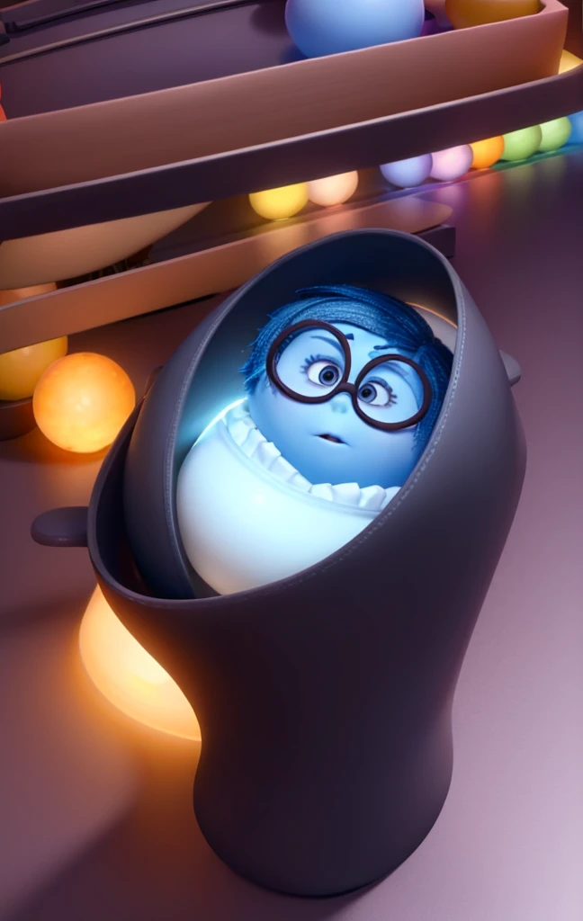 work of art, best qualityer, (suru_InsideOut , high branch throat, black frame glasses,  cups, suru ),   colorful glowing spheres, pixar, animated cartoon, 3D rendering, sfw, 