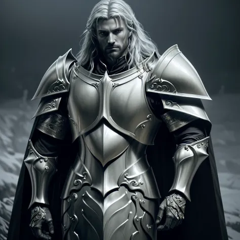 paladin, steadfast look, fantasy knight, glowing armor, heroic pose, epic fantasy, shining sword, noble expression, powerful presence, detailed facial features, chiseled jawline, piercing eyes, determined gaze, flowing cape, intricate armor details, dramat...