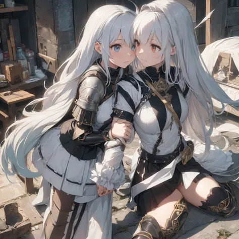 two female knightgirls in armor with swords and capes, inspired by Li Chevalier, female knightgirl, girl in armor, female protagonist 👀 :8, bravely default inspired, iron white lock, pale black armor, knightgirls of zodiac girl, glossy white armor, never l...