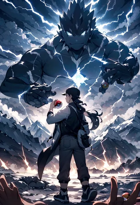 pokemon trainer , mountain , he&#39;s nubloso , thunderbolt , pokeball in hand , detailed hands , looking in front of the lightn...