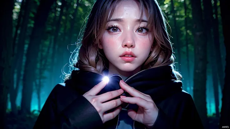 girl in a dark hooded cloak, standing in a completely dark environment, she is holding a glowing orb of energy in her hands, whi...