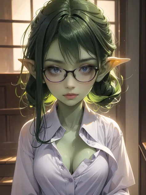 ((best quality)), ((masterpiece)), (detailed), perfect face, beauty headshot of a 3 foot tall girl wearing white button down shirt, green skin, pointy ears, very shy, wearing black rimmed glasses, short dark green hair, dynamic lighting, purple eyes, detai...