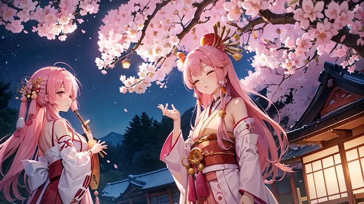 ((High resolution, pink hair, long hair, shrine maiden)) ((Japanese musical instrument, transverse flute, mysterious, cherry blossoms, butterfly, night, Japanese style, shoulder, shining aura)) (pray, eyes closed), moon, stars, spring